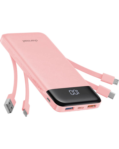 Slim 10000mAh Power Bank with Built-In Cables