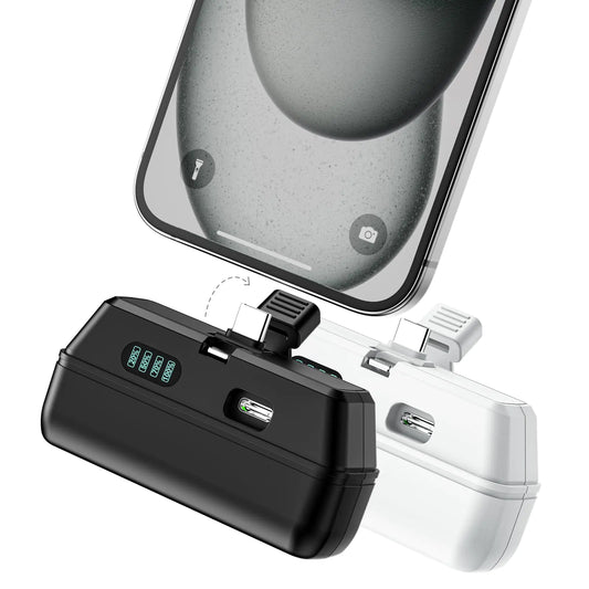 Mini Plug-In Power Bank 5000mAh with Rotating USB-C & Lightning Plug