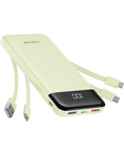 Slim 10000mAh Power Bank with Built-In Cables